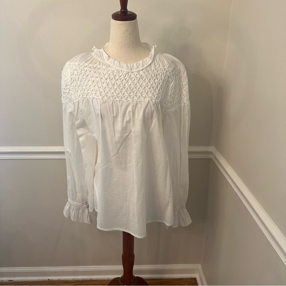 Women’s White Smocked Yoke Ruffle Blouse - Picture 2 of 6